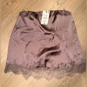 Zara Mauve Satin Lace-Trim Off The Shoulder Top